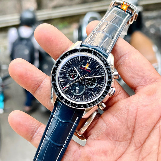 OM*GA SPEEDMASTER BEST HIGH PREMIUM QUALITY AUTOMATIC MACHINE BLUE LEATHER BELT SILVER CASE BLACK DIAL FOR HIM ALL WORKING