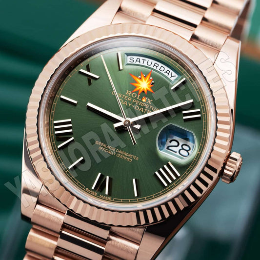 Rol*x Day-Date 41 Fluted Bezel Rose Gold Green Dial