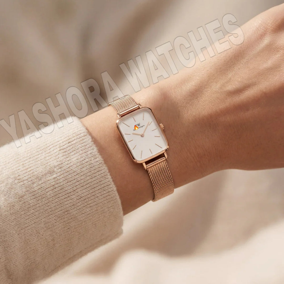 Rose Gold Rectangular White Dial Mesh Strap Minimal Watch