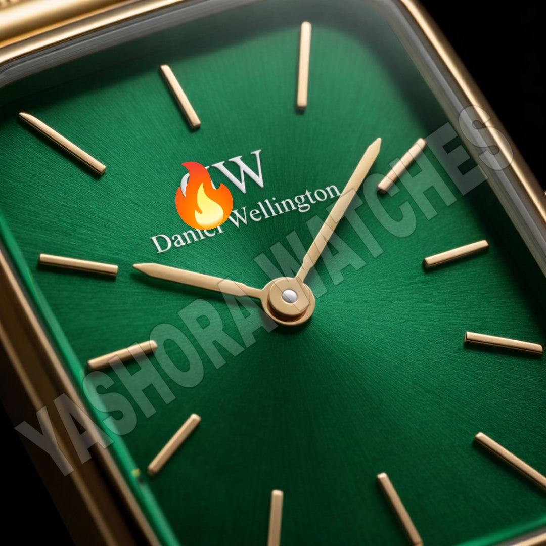 DW Gold Rectangular green Dial Mesh Strap Watch