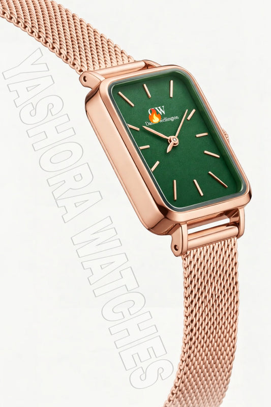 DW Rose Gold Rectangular green Dial Mesh Strap Watch