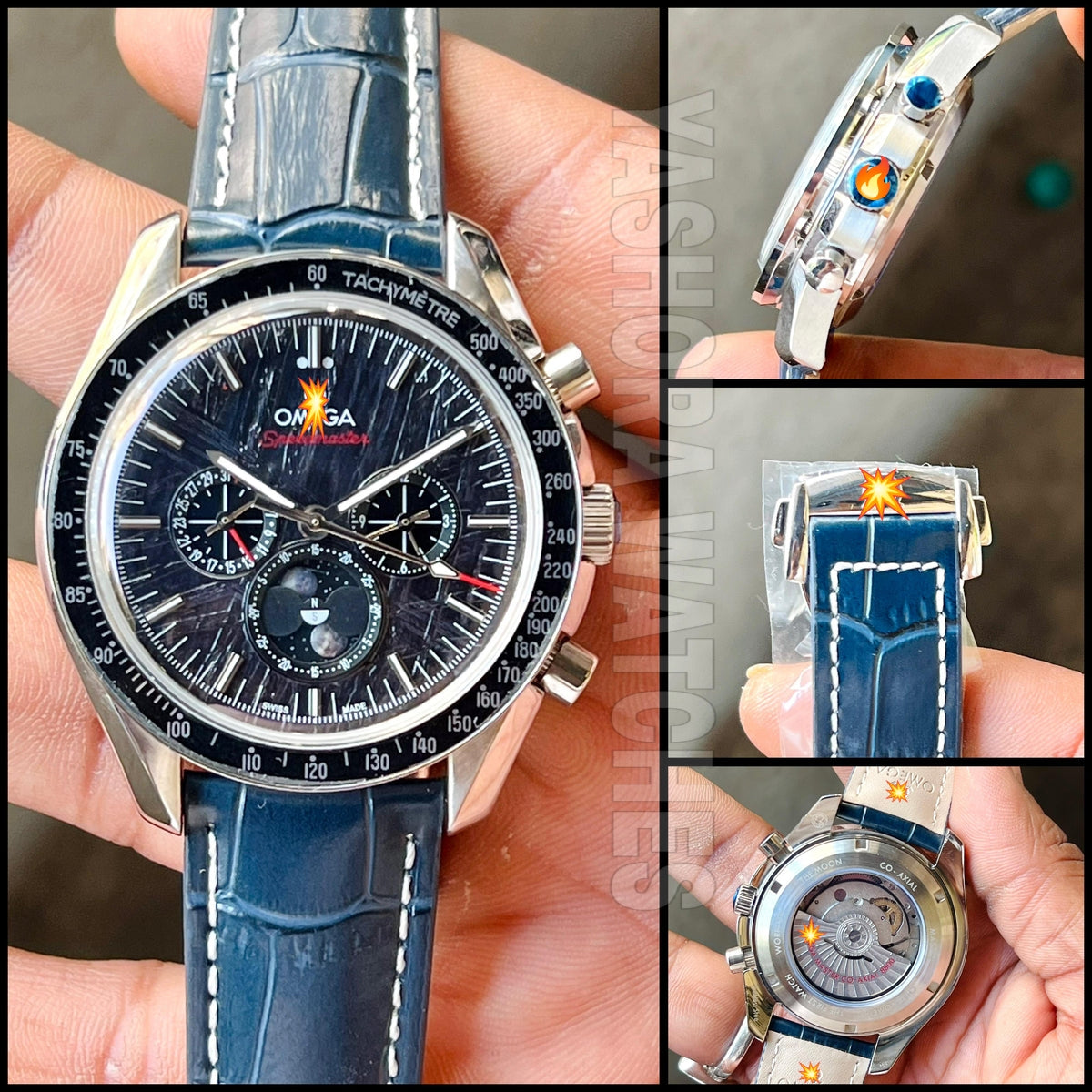 OM*GA SPEEDMASTER BEST HIGH PREMIUM QUALITY AUTOMATIC MACHINE BLUE LEATHER BELT SILVER CASE BLACK DIAL FOR HIM ALL WORKING