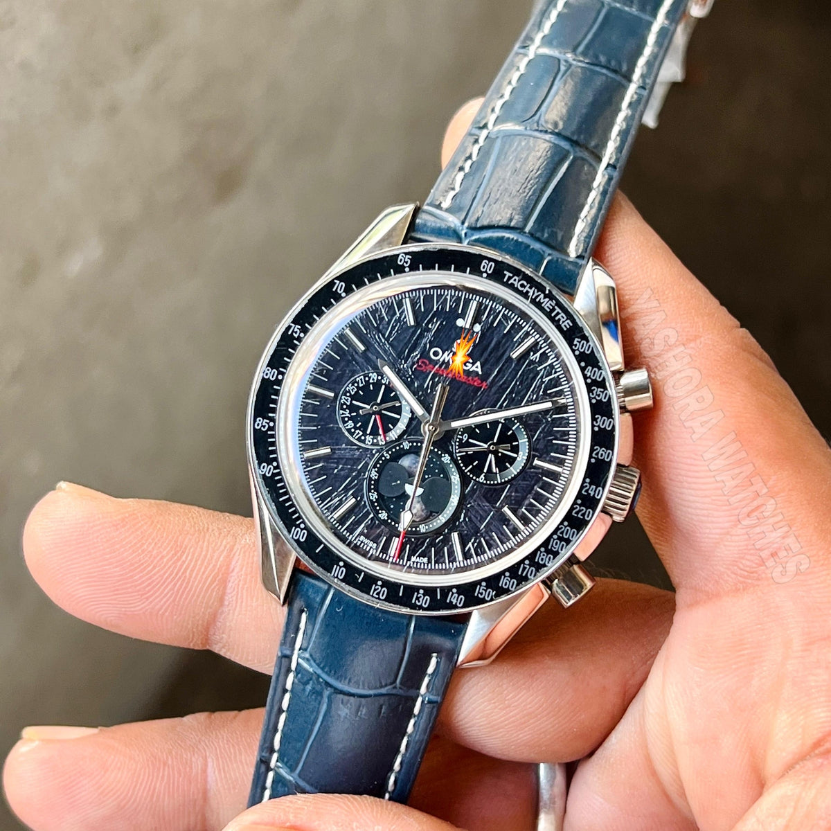 OM*GA SPEEDMASTER BEST HIGH PREMIUM QUALITY AUTOMATIC MACHINE BLUE LEATHER BELT SILVER CASE BLACK DIAL FOR HIM ALL WORKING