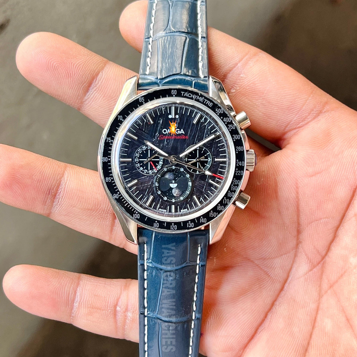 OM*GA SPEEDMASTER BEST HIGH PREMIUM QUALITY AUTOMATIC MACHINE BLUE LEATHER BELT SILVER CASE BLACK DIAL FOR HIM ALL WORKING