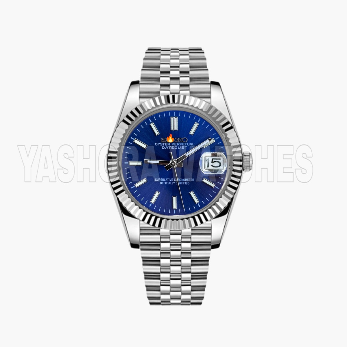 S*IKO Silver Stainless Steel Watch Fluted Bezel Blue Sunburst Dial Jubilee Bracelet Premium Automatic Watch – Men