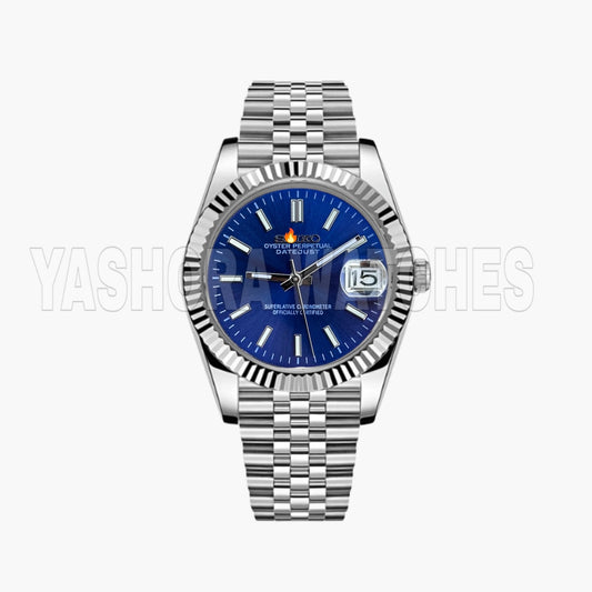 S*IKO Silver Stainless Steel Watch Fluted Bezel Blue Sunburst Dial Jubilee Bracelet Premium Automatic Watch – Men