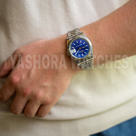 S*IKO Silver Stainless Steel Watch Fluted Bezel Blue Sunburst Dial Jubilee Bracelet Premium Automatic Watch – Men