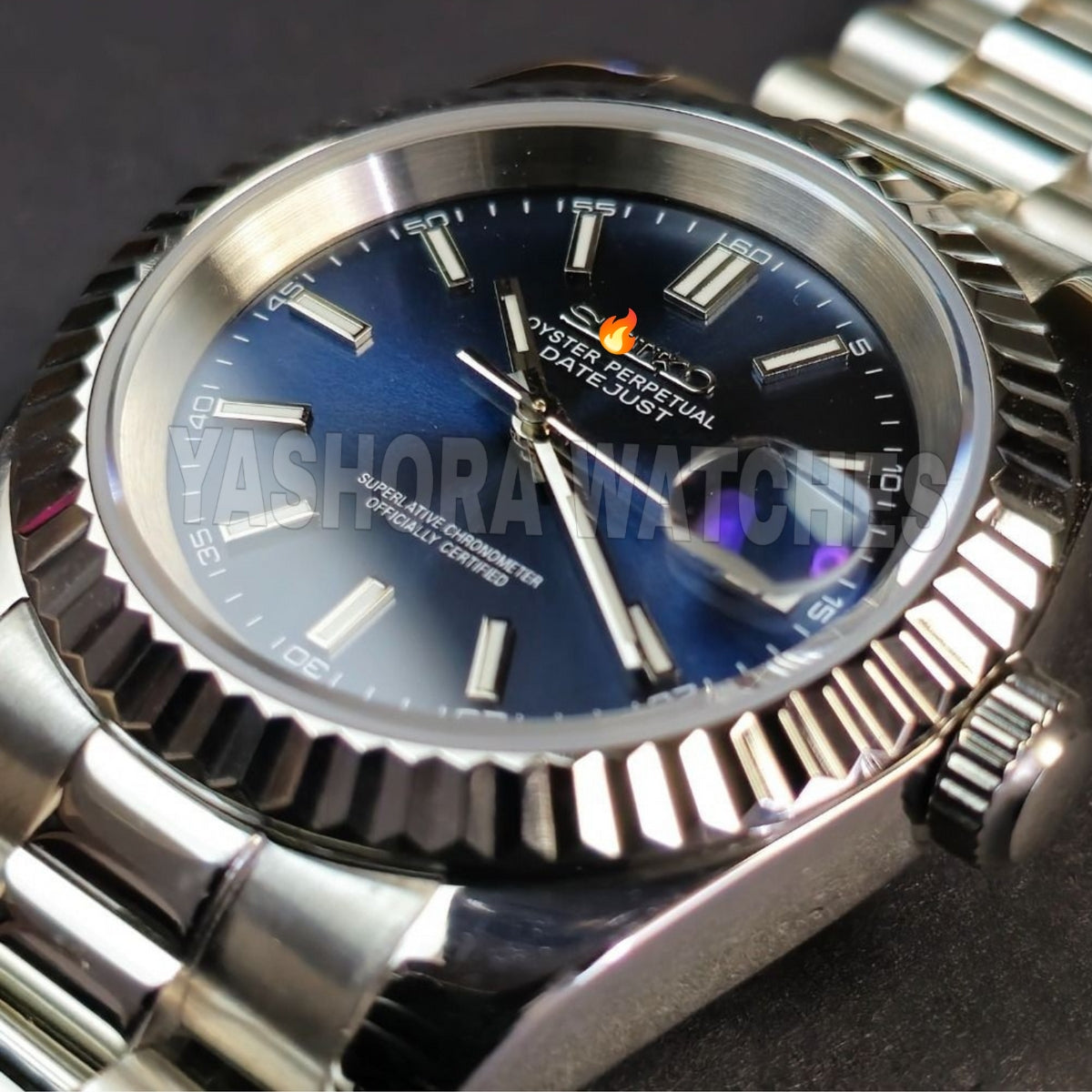 S*IKO Silver Stainless Steel Watch Fluted Bezel Blue Sunburst Dial Jubilee Bracelet Premium Automatic Watch – Men