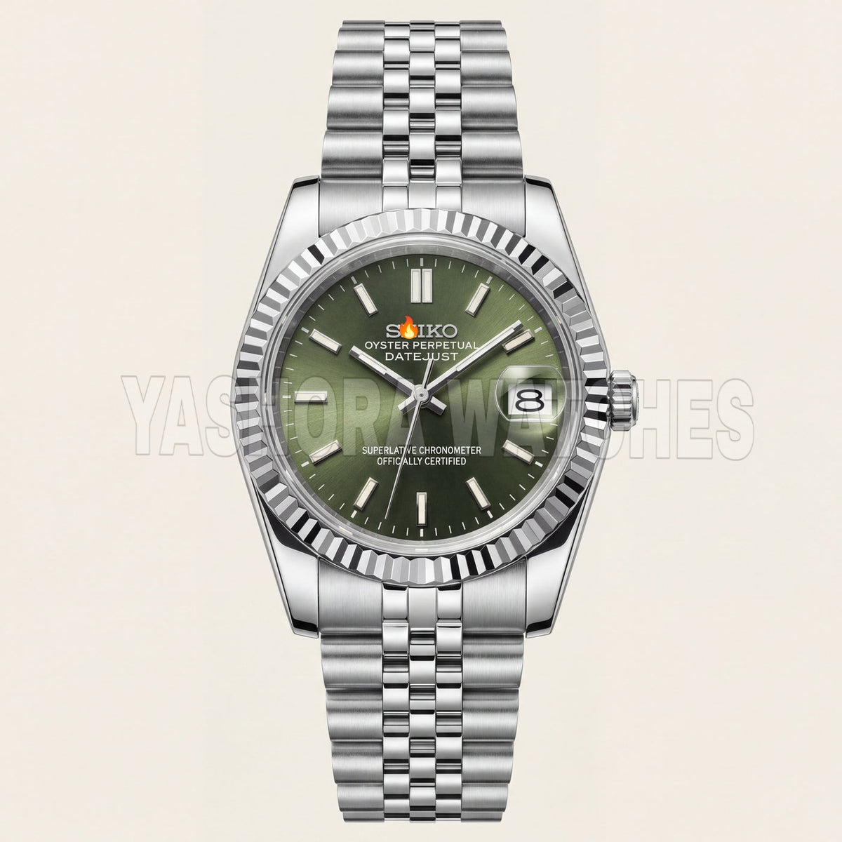 Luxury Silver Stainless Steel Watch Fluted Bezel Green Sunburst Dial Jubilee Bracelet Premium Automatic Watch – Men