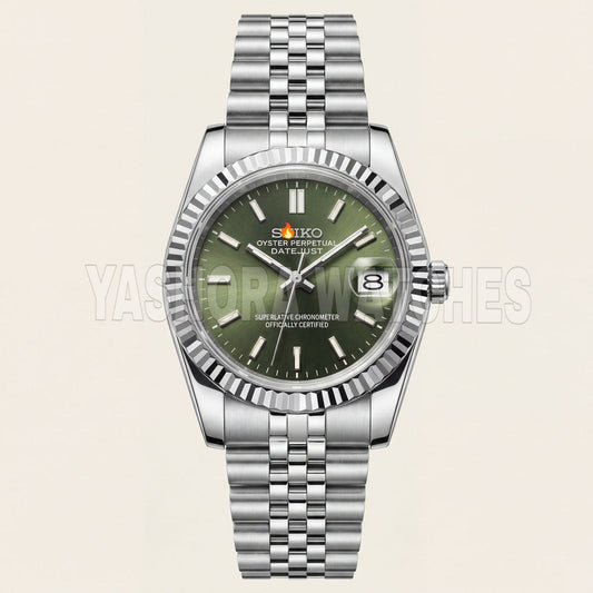 Luxury Silver Stainless Steel Watch Fluted Bezel Green Sunburst Dial Jubilee Bracelet Premium Automatic Watch – Men