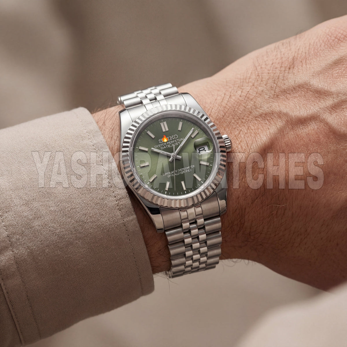 Luxury Silver Stainless Steel Watch Fluted Bezel Green Sunburst Dial Jubilee Bracelet Premium Automatic Watch – Men
