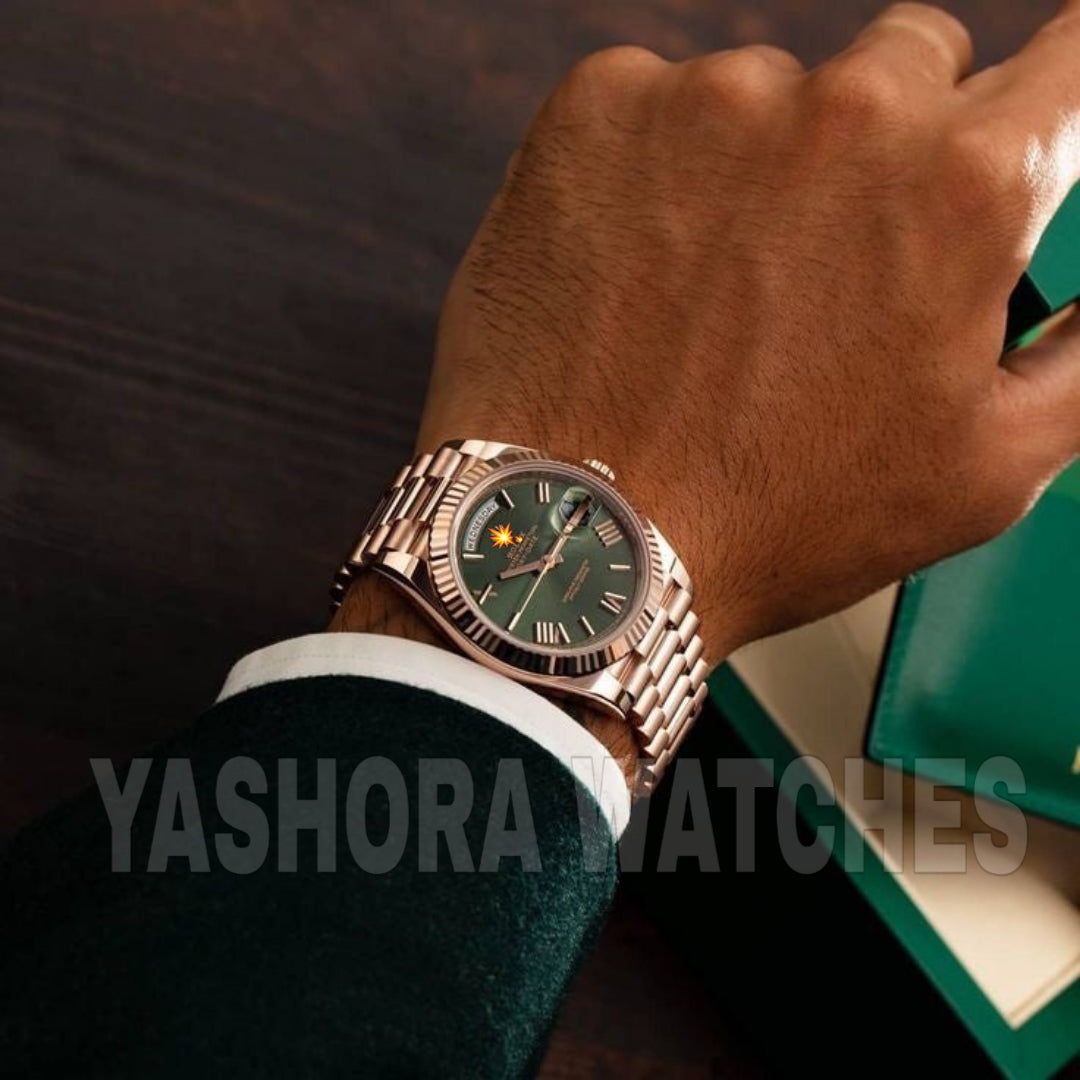 Rol*x Day Date 41 Rose Gold Green Dial Japanese Automatic Mens Watch