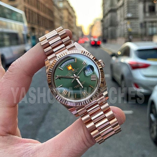 Rol*x Day Date 41 Rose Gold Green Dial Japanese Automatic Mens Watch