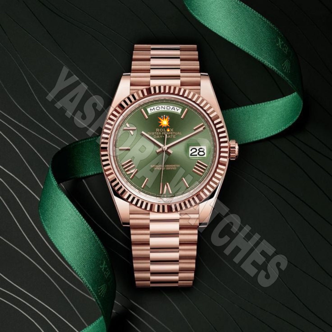 Rol*x Day Date 41 Rose Gold Green Dial Japanese Automatic Mens Watch