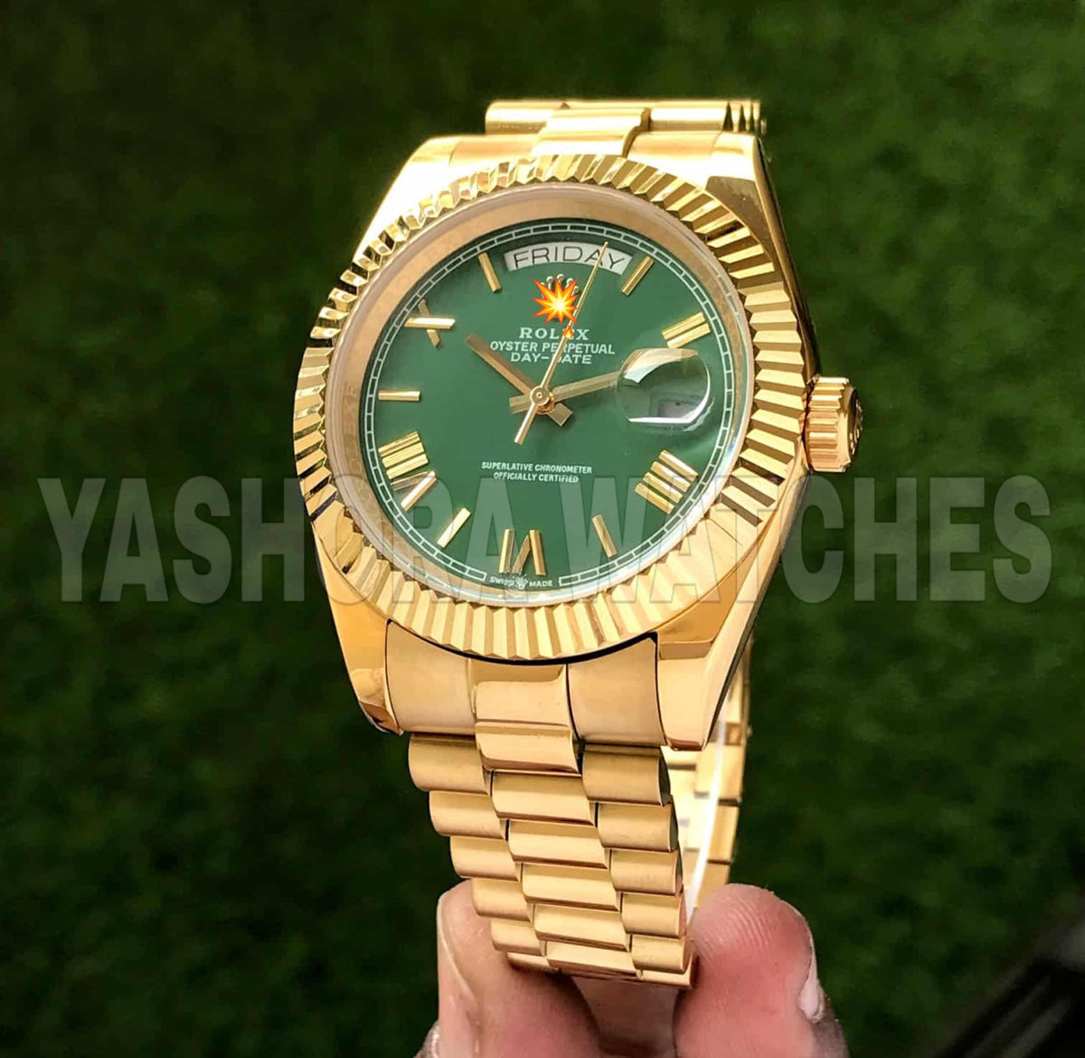Rol*x Day Date Gold Green Dial 40mm Japanese Automatic Mens Watch