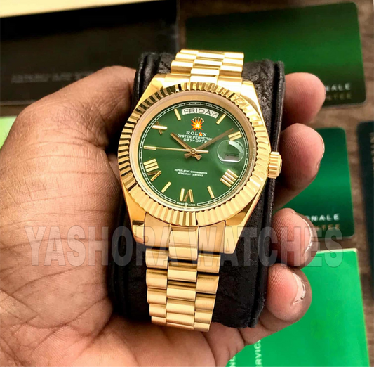 Rol*x Day Date Gold Green Dial 40mm Japanese Automatic Mens Watch