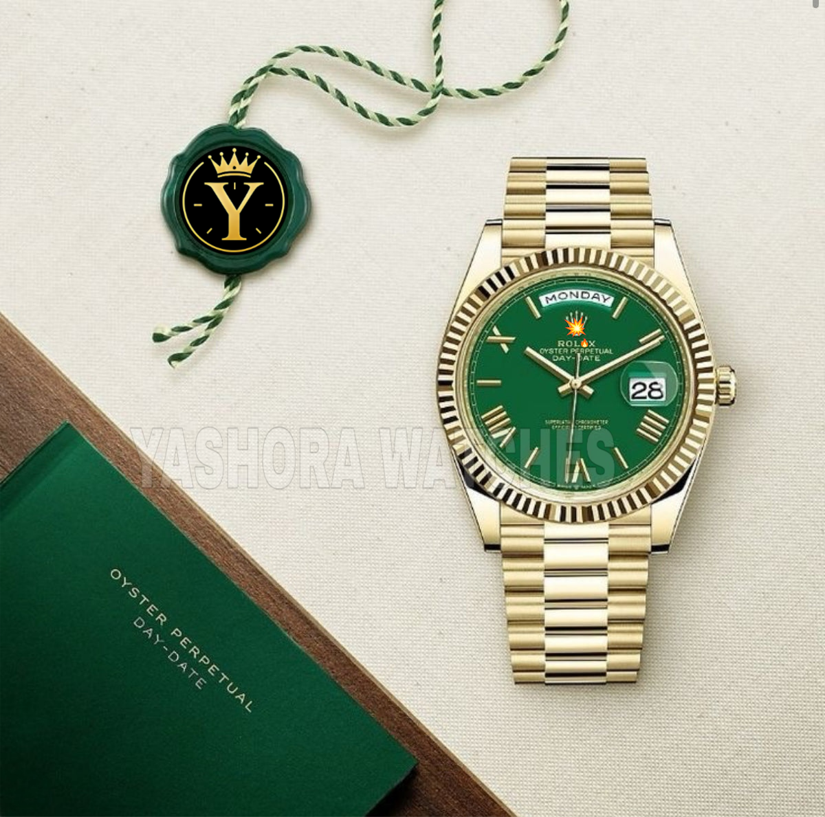Rol*x Day Date Gold Green Dial 40mm Japanese Automatic Mens Watch