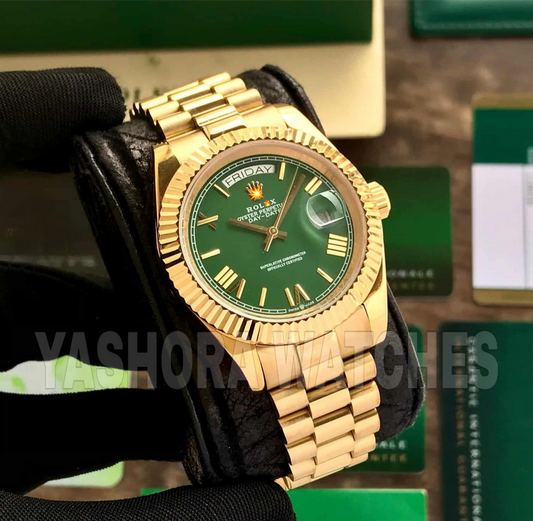 Rol*x Day Date Gold Green Dial 40mm Japanese Automatic Mens Watch
