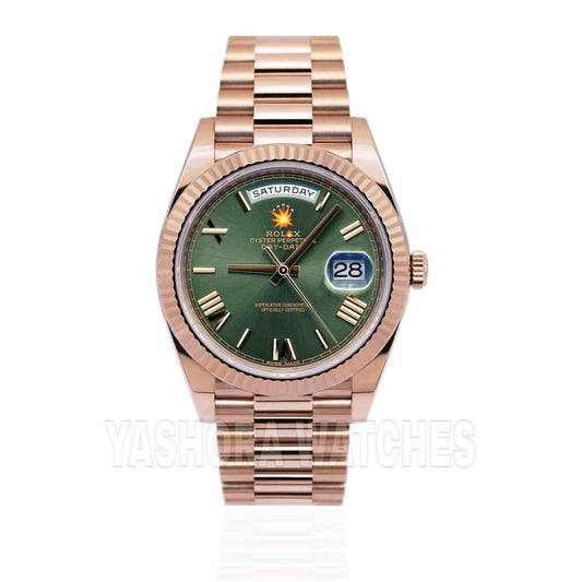 Rol*x Day-Date 41 Fluted Bezel Rose Gold Green Dial