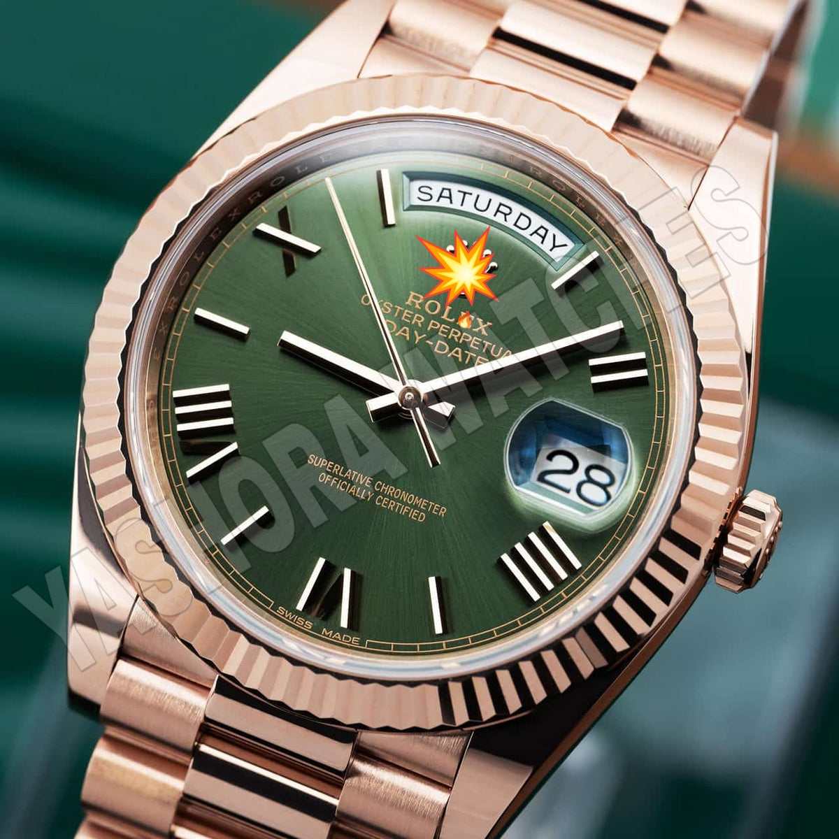 Rol*x Day-Date 41 Fluted Bezel Rose Gold Green Dial