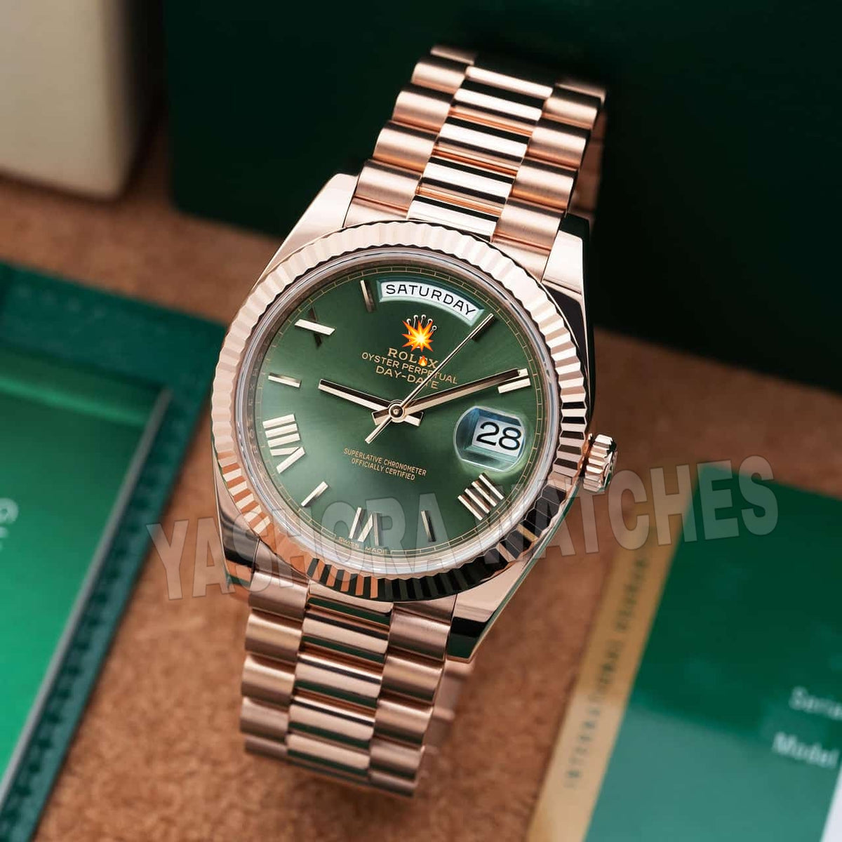 Rol*x Day-Date 41 Fluted Bezel Rose Gold Green Dial