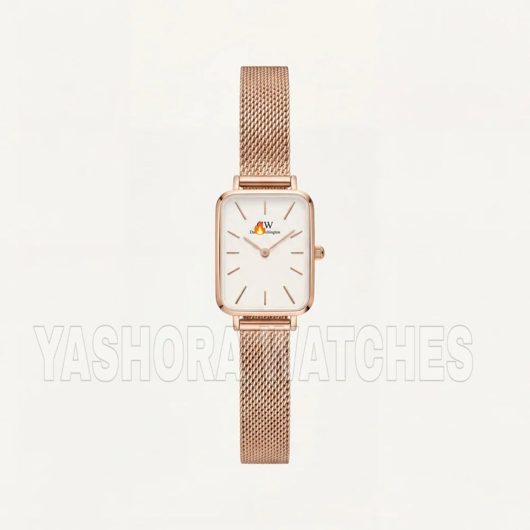 Rose Gold Rectangular White Dial Mesh Strap Minimal Watch