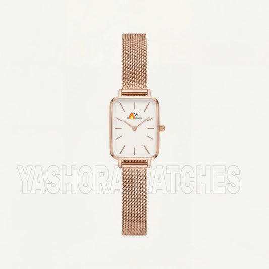 Rose Gold Rectangular White Dial Mesh Strap Minimal Watch