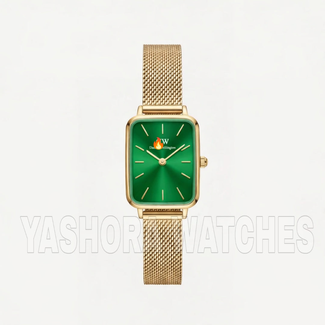DW Gold Rectangular green Dial Mesh Strap Watch