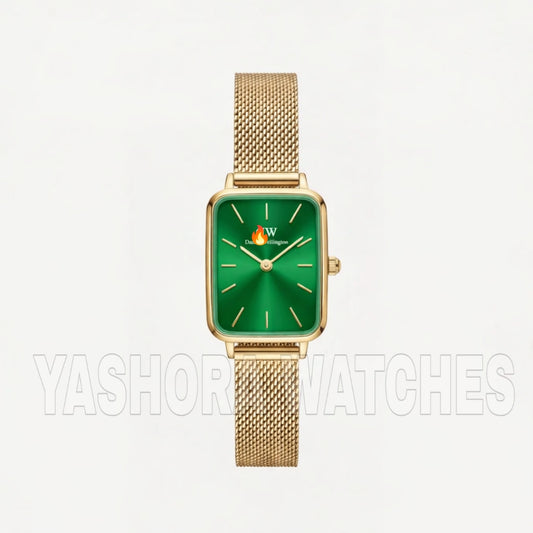 DW Gold Rectangular green Dial Mesh Strap Watch