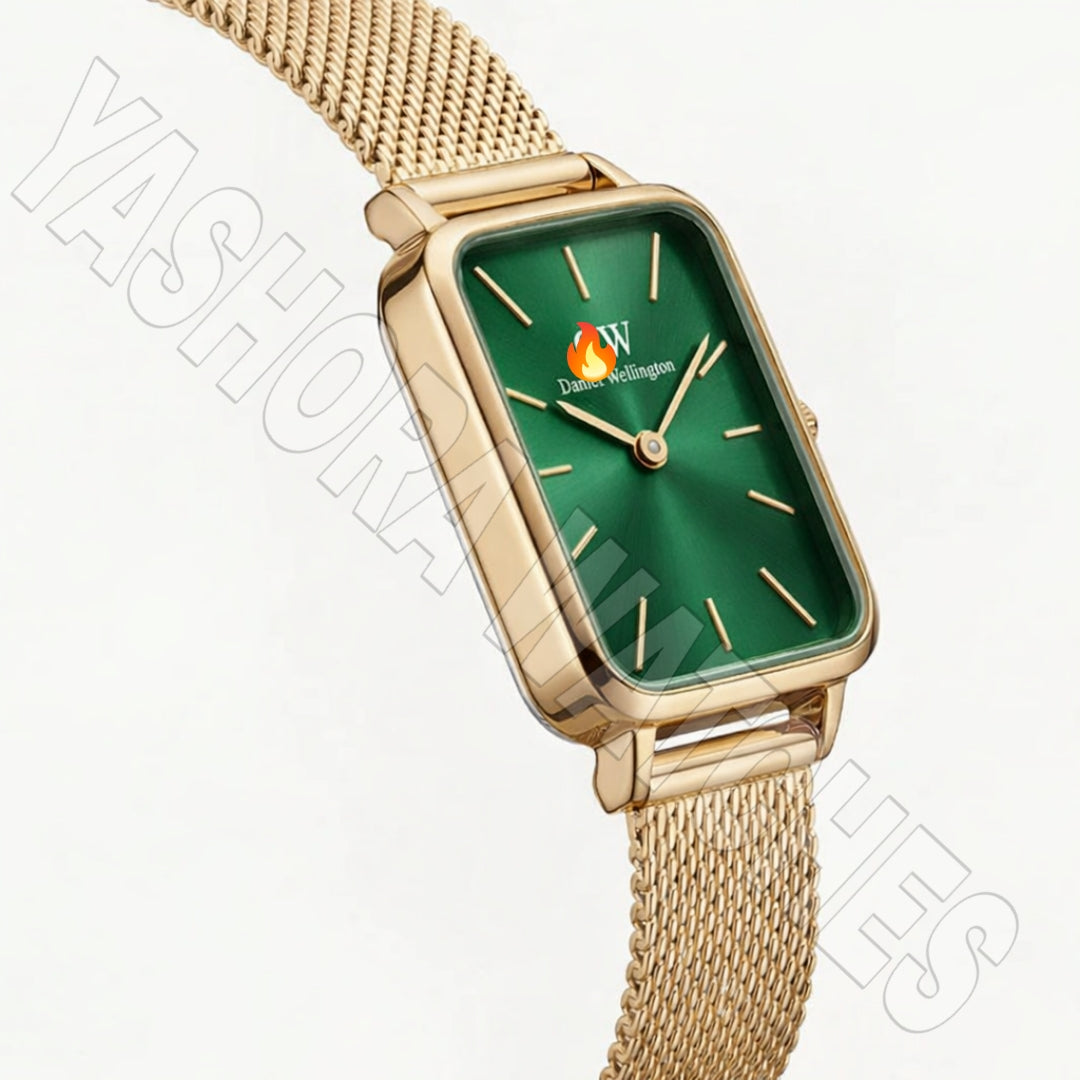 DW Gold Rectangular green Dial Mesh Strap Watch