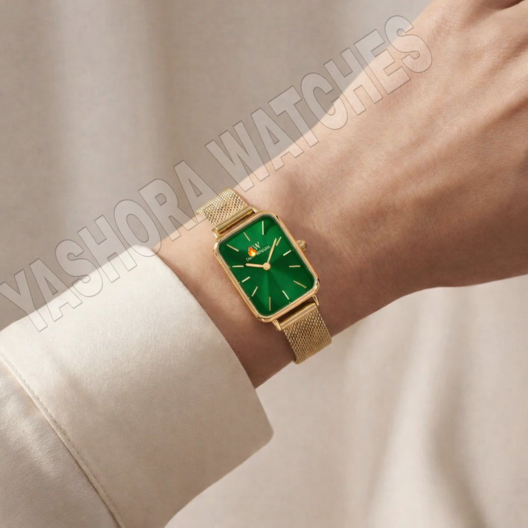 DW Gold Rectangular green Dial Mesh Strap Watch