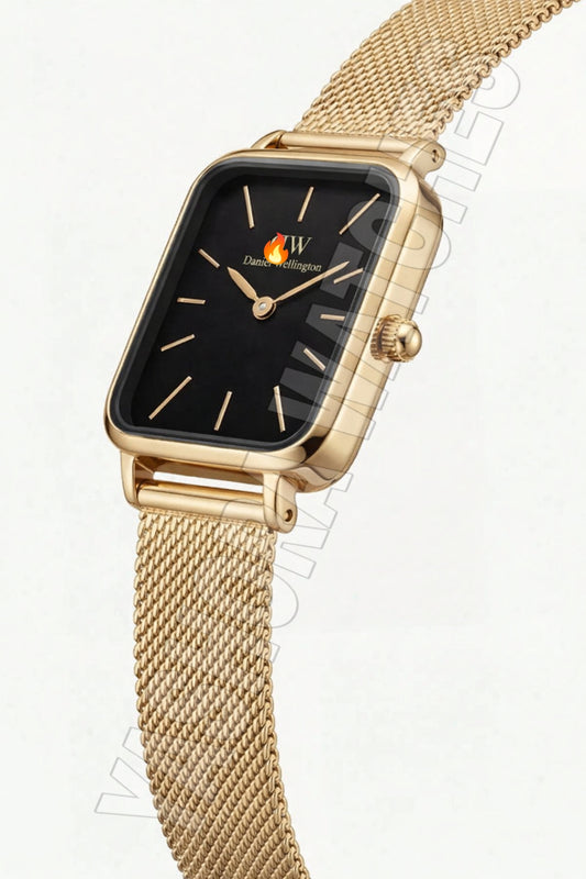 GOLD RECTANGULAR CHAMPAGNE Black DIAL MESH STRAP WATCH