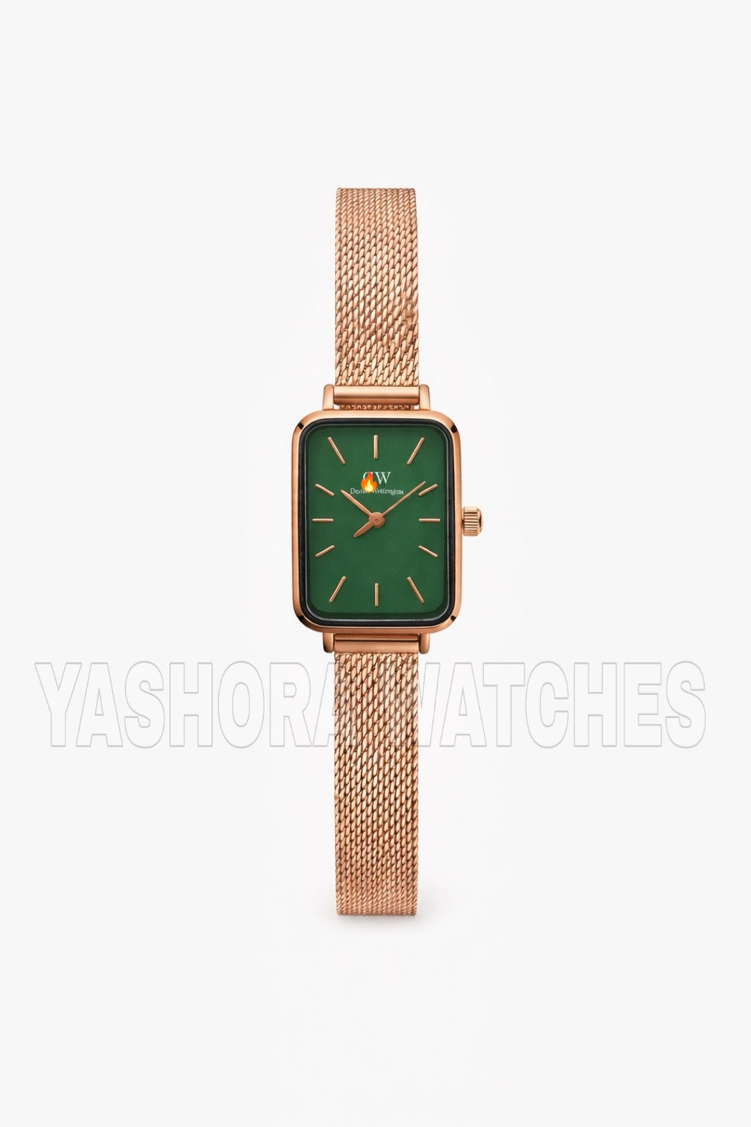DW Rose Gold Rectangular green Dial Mesh Strap Watch