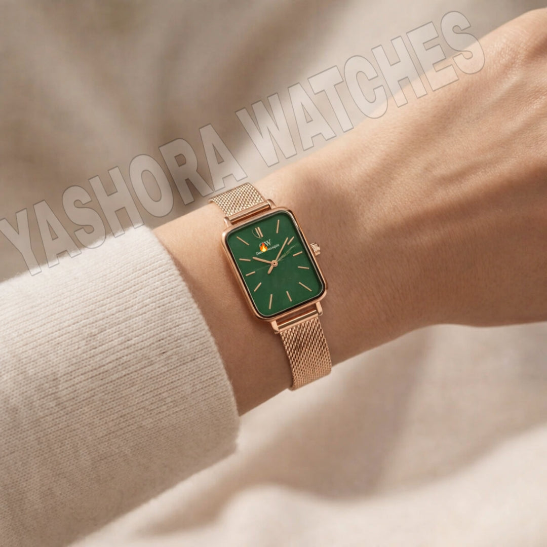 DW Rose Gold Rectangular green Dial Mesh Strap Watch