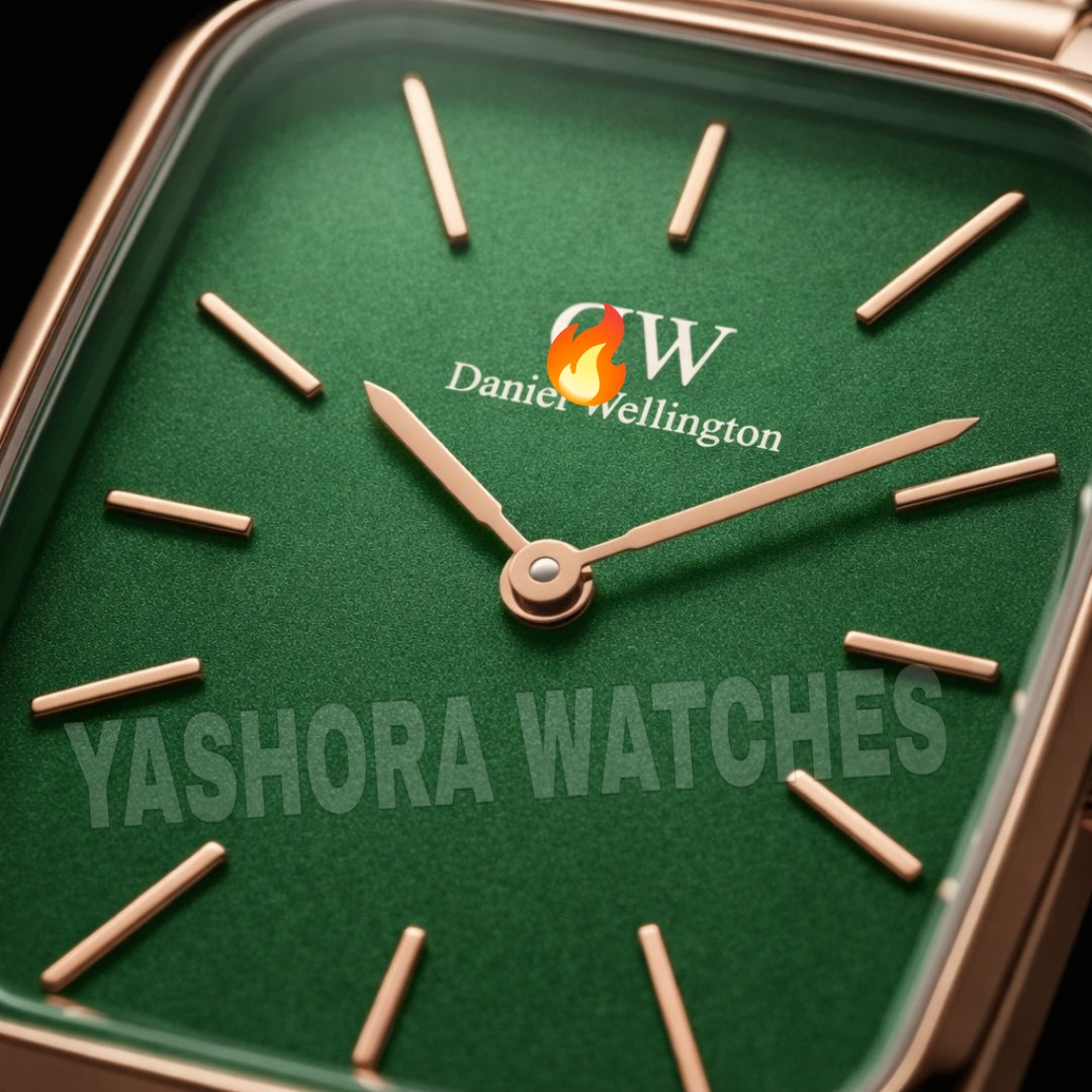 DW Rose Gold Rectangular green Dial Mesh Strap Watch