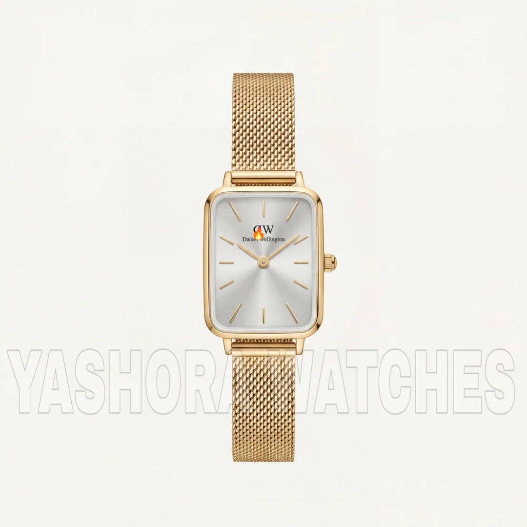 Gold Rectangular Silver Sunray Dial Mesh Strap Watch
