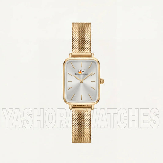 Gold Rectangular Silver Sunray Dial Mesh Strap Watch