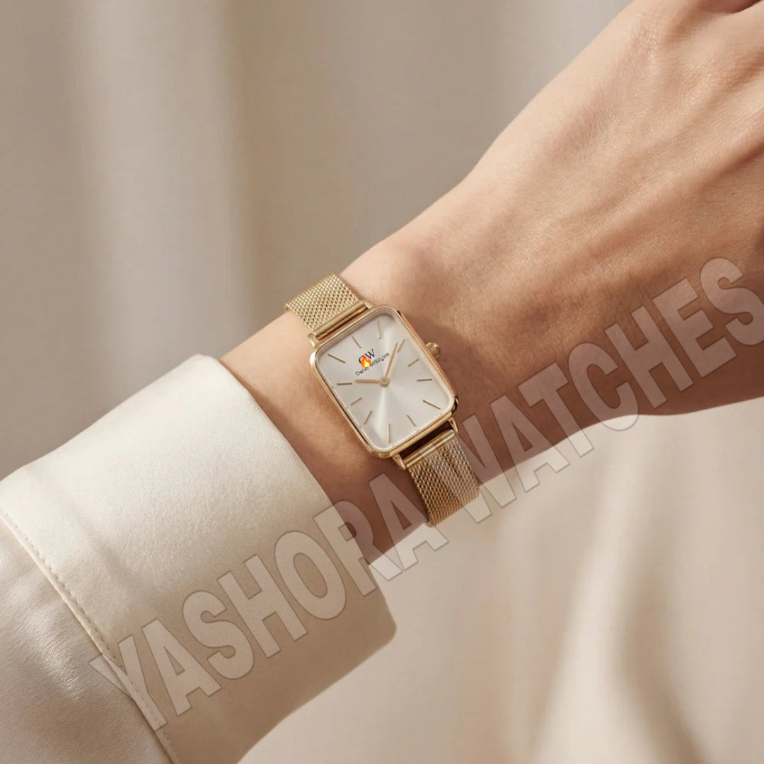 Gold Rectangular Silver Sunray Dial Mesh Strap Watch