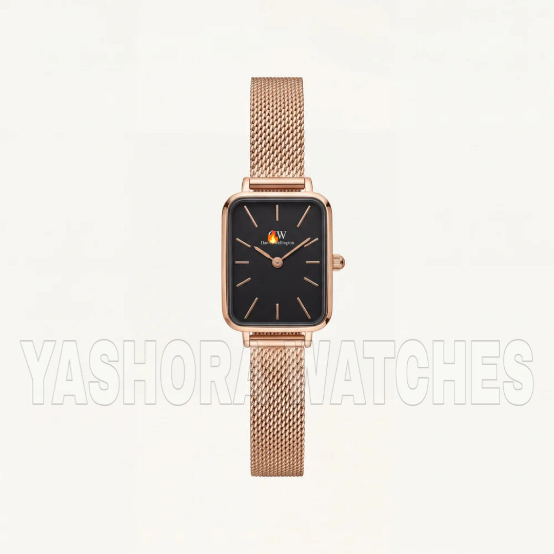 Rose Gold Rectangular Black Dial Mesh Strap Minimal Watch