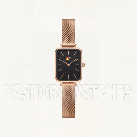 Rose Gold Rectangular Black Dial Mesh Strap Minimal Watch