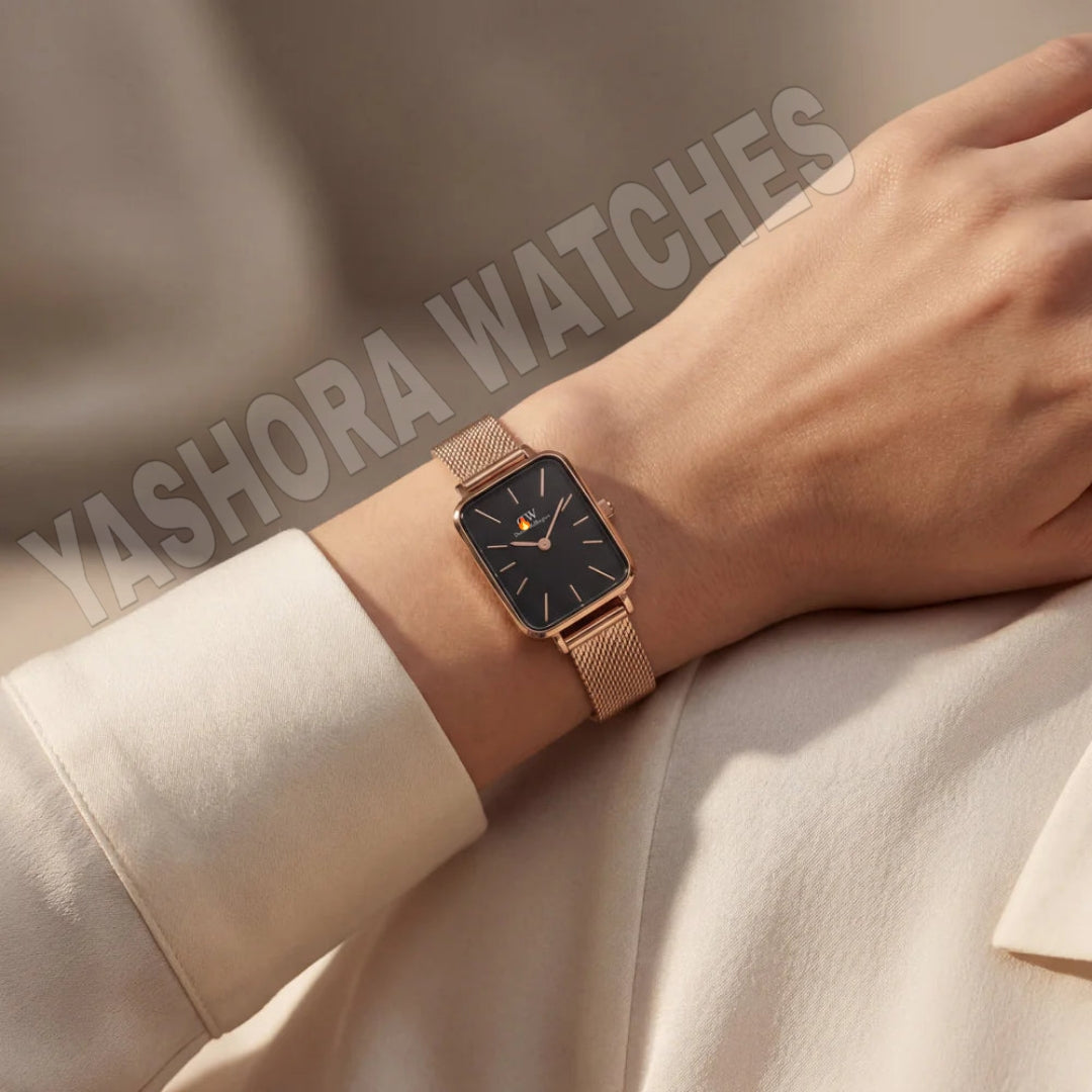 Rose Gold Rectangular Black Dial Mesh Strap Minimal Watch