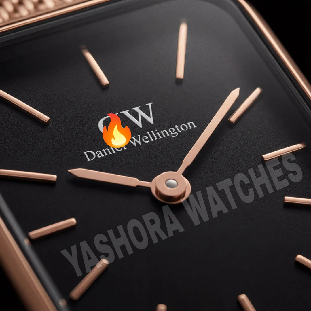 Rose Gold Rectangular Black Dial Mesh Strap Minimal Watch