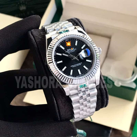 Rol*x Datejust 41 Silver & Steel Fluted Jubilee Black Dial Swiss Semi ETA 3235 Movement